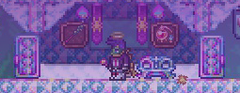 Aetherium furniture, a pink banner, a Health Fountain in an Item Frame, and an unknown weapon in an Item Frame.