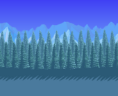 Evergreen forest blocking snowy mountains