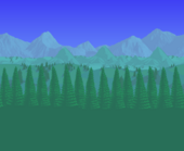 Pine trees blocking a hilly landscape