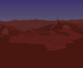 (Desktop, Console and Mobile versions) Jagged, dark red rocky landscape with stone arches.
