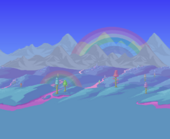 (Desktop, Console and Mobile versions) Hallow field with a magenta river, a few hallowed trees, an extra rainbow and distant pink and blue crystals