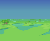 (Desktop, Console and Mobile versions) Marsh-like field with sparse jungle trees and animated water bodies