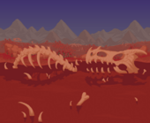 (Desktop, Console and Mobile versions) Blood lake with dragon bones in a crimson field with many trees and more dragon bones.