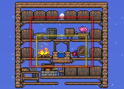 Multi-craft area for making most items in the early stage of the game. Note that there is a Placed Bottle between the Safe and the Keg. The player should stand on the platform above water for crafting, where storage items in red area are within reach.