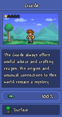 A screenshot of the Guide against a Surface backdrop, as depicted in the Bestiary, with the description, "The Guide always offers useful advice and crafting recipes. His origins and unusual connections to this world remain a mystery."