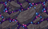 Large rocks blocking blue and pink crystals on a purple background