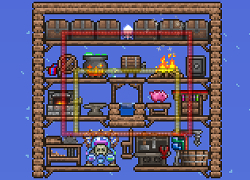 Crafting areas for making most items in the middle stage of the game (just before Hardmode). Note that there is a Placed Bottle between the Cauldron and the Keg. The player should stand on the platform above water, where storage items in red area are within reach. Standing on the table allows cooking Marshmallow on a Stick.