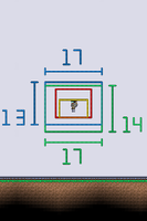 (電腦版、主機版、和移動版) 裝備了加長握爪或其升級物並食用了工匠麵包後的製作站可達範圍（綠色，17×14）和放置/互動範圍（藍色，17×13）。