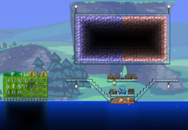 An Ocean Farm in action. Notice the Crimson and Corruption Blocks used to make the Arapaimas drop Corruption and Crimson Keys. While this specific farm is mainly used for Biome Keys, it can also be an effective Money farm.