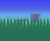 (Desktop, Console and Mobile versions) Evergreens blocking hills with plateau