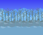 Frozen tree forest blocking snowy mountains