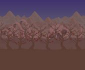 Classic background, consisting of crimson trees and a distant giant skull and bones
