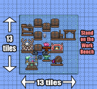 一个游戏末期包含更多宝箱的有效制作域。还添加了一个 桌子 + 椅子 以制作表和计时器。（已失效，在此布局中想要使用锯木机，需要跳到上方或左上方平台的宝箱处）。