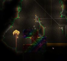 A rainbow-colored Underground Cabin. Note the stacked Boulders and the ambient object spawned on them.