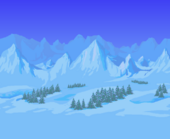 Icy mountains with evergreens