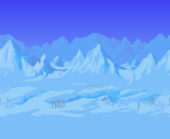 Icy mountains with sparse trees