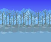 Leafless forest blocking snowy mountains with evergreens