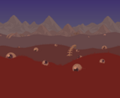 Red field with eyeballs and bones