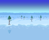 (Desktop, Console and Mobile versions) Snowy plains with pine trees, a few piles of Snowballs and a snowman behind a frozen lake