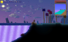 Another example of a special secret seed combination, featuring the player spawning on the edge of a Shimmer Ocean.