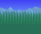 Updated classic background with evergreens with distant, realistic mountains