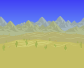 (Desktop, Console and Mobile versions) Sand dunes with cacti and a few ruins