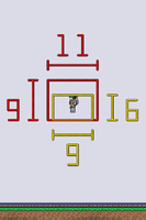 最初的製作站可達範圍（黃色，9×6）和放置/互動範圍（紅色，11×9），以玩家的腳為中心。