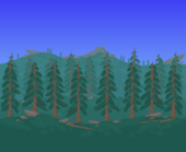 (Desktop, Console and Mobile versions) Pine forest with mountains in the distance