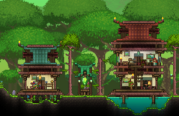 A town in the Jungle with 3 NPCs living in it: the Witch Doctor, the Dryad, and the Painter.