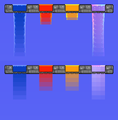 不同照明模式下的纵向液体瀑布：彩色和白光（上方）；复古和迷幻（下方）。