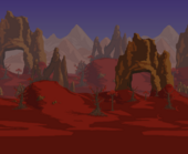 Red hills with crimson trees and large brown arches