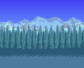 Updated classic evergreen forest blocking snowy mountains