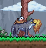 A player transformed into a wolf. The player has the Baby Finch buff.