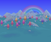 (Desktop, Console and Mobile versions) Hills with rocky formations, evergreen-like rainbow trees and crystals